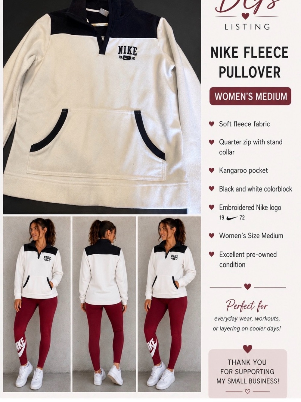 Nike White and Black Colorblock Fleece Pullover with burgundy med Nike leggings